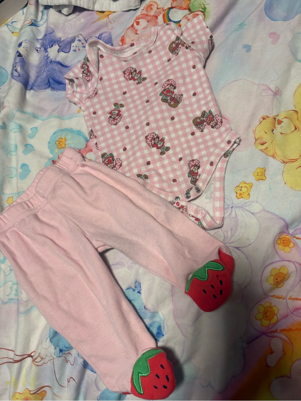 7/$30 Pink Strawberry short cake Baby One-Piece and Pants Set